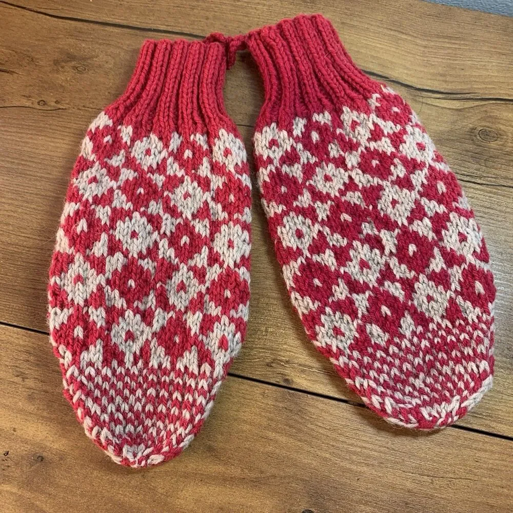 Handknit Pink Raspberry Gray Mittens XL-XXL See Measurements Unisex